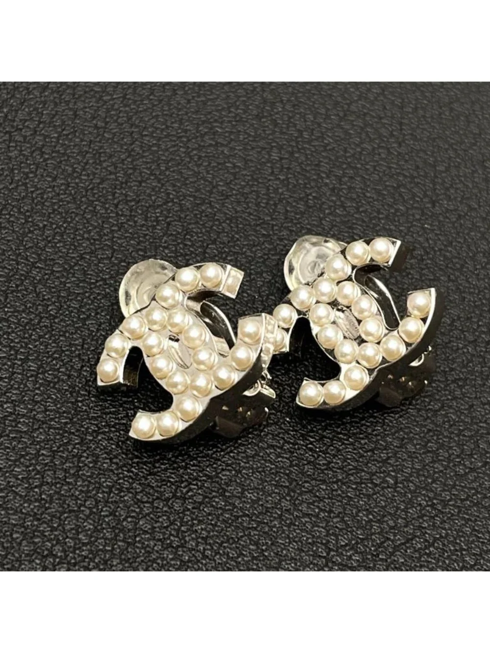 Chanel CC Logo Earrings Faux Pearl Silver Coco